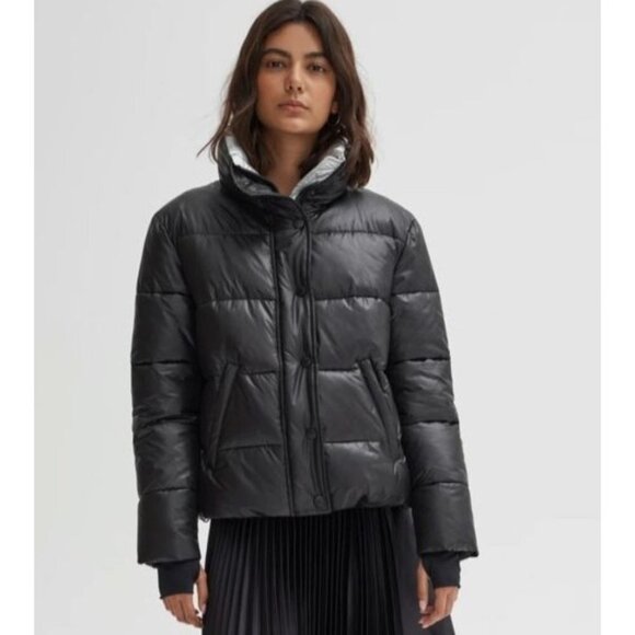 NOIZE Cruelty Free‎ Bianca Puffer Jacket Black Vegan Silver Lined Size XL - Picture 2 of 13